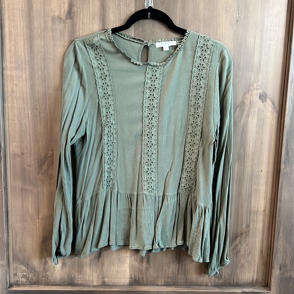 Olive green longsleeved peplum top with detailing